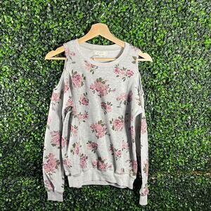 No Comment NY LA, Open Shoulder Sweatshirt, Gray Floral, Women’s Size S